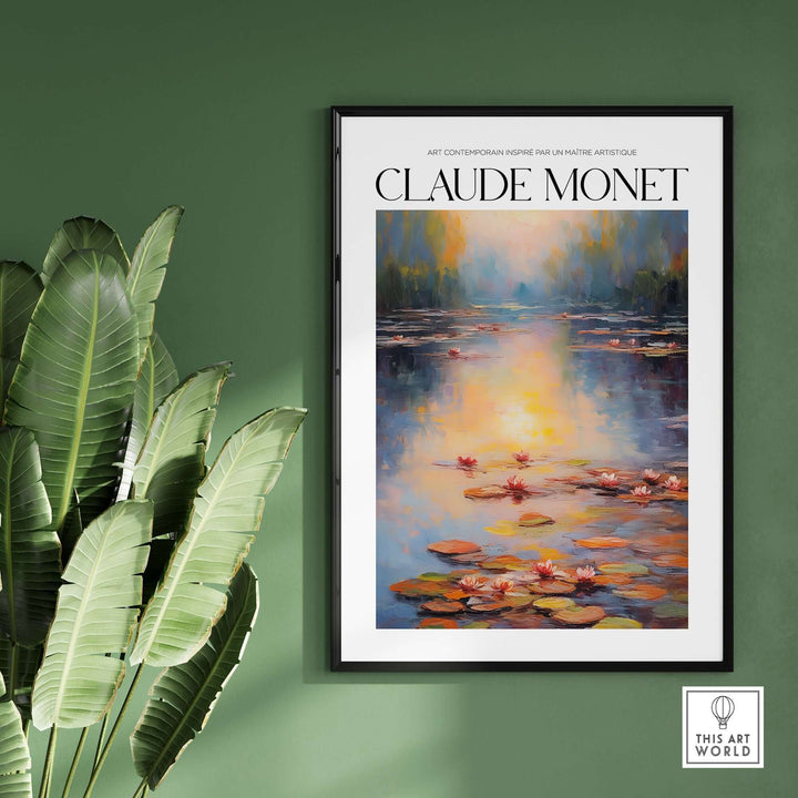 Claude Monet wall art print featuring a serene pond with pink water lilies and golden sunlight reflections.