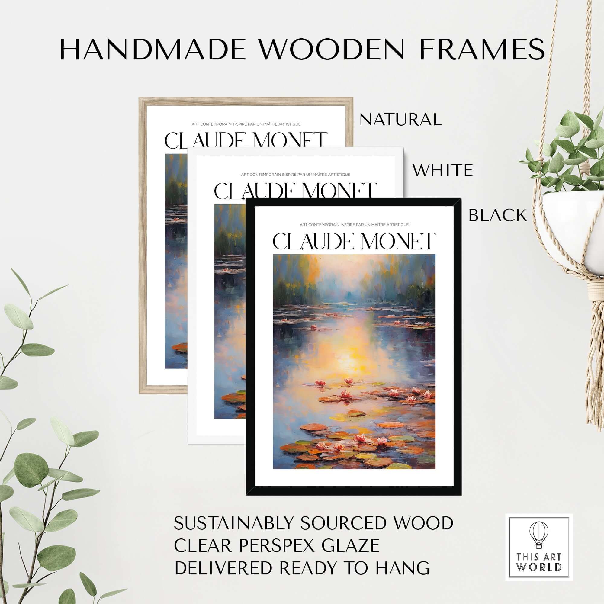 Claude Monet Wall Art Print - Vintage Home Decor Poster Impressionist Artwork framed in handmade wooden frames.