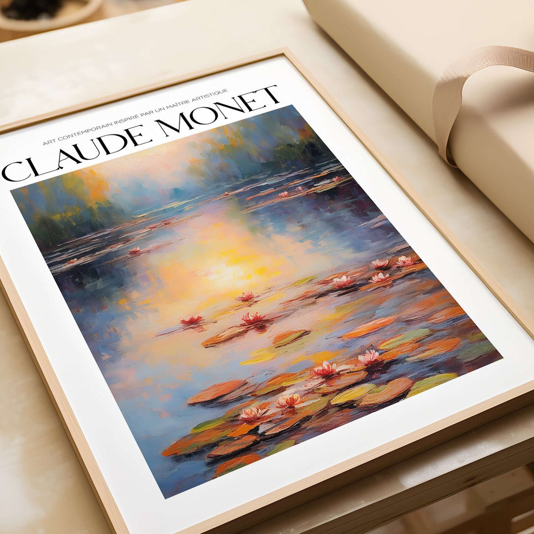 Claude Monet wall art print featuring pink water lilies on a serene pond, framed for vintage home decor.