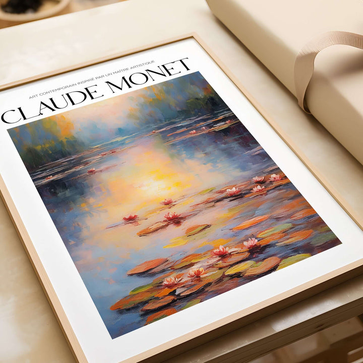 Claude Monet wall art print featuring pink water lilies on a serene pond, framed for vintage home decor.
