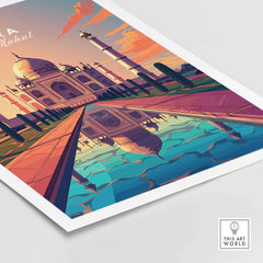 Vibrant Taj Mahal Agra wall art featuring the iconic monument and its reflection in a serene water body.