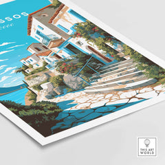 Alonissos Greece Travel Poster Print showcasing vibrant coastal architecture and stunning Aegean landscapes.