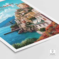 Amalfi Coast Travel Poster Print featuring colorful coastal homes and turquoise waters, ideal for home decor.
