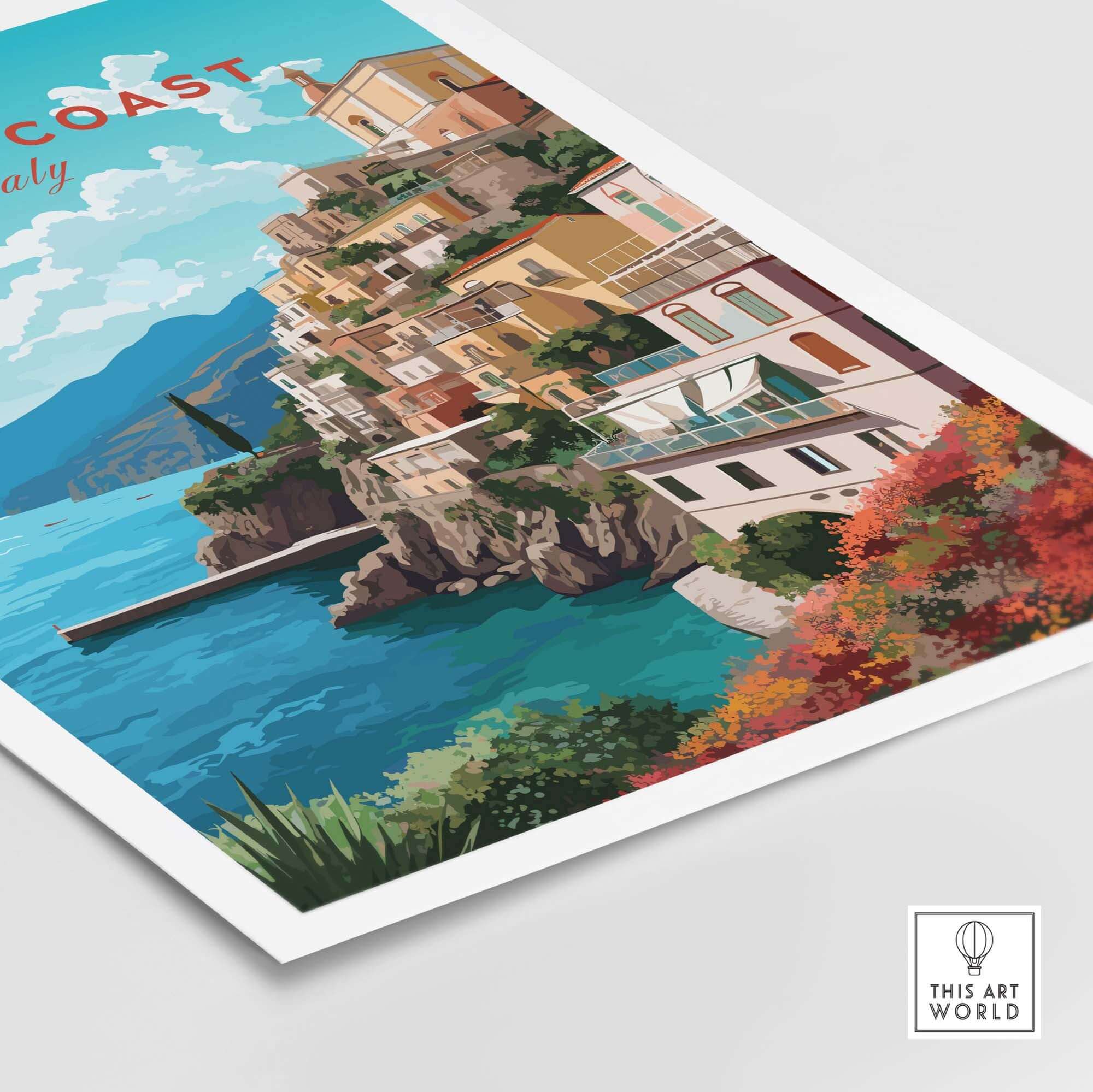Amalfi Coast Travel Poster Print featuring colorful coastal homes and turquoise waters, ideal for home decor.