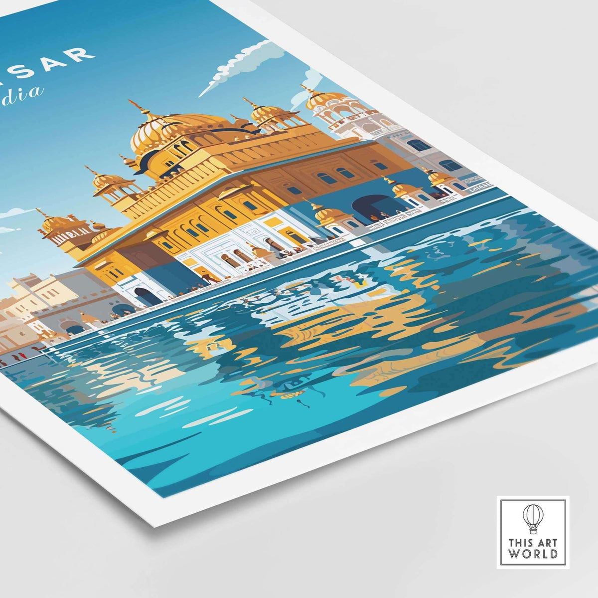 Amritsar India travel poster print showcasing the Golden Temple and reflecting waters, perfect for home decor.
