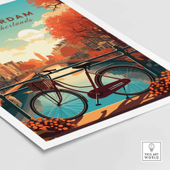 Colorful Amsterdam print featuring iconic bike and vibrant canals during sunset in the Netherlands.
