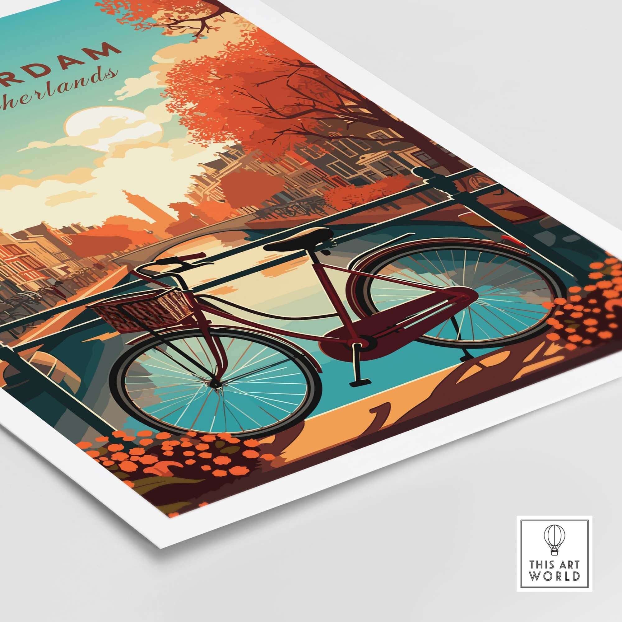 Colorful Amsterdam print featuring iconic bike and vibrant canals during sunset in the Netherlands.