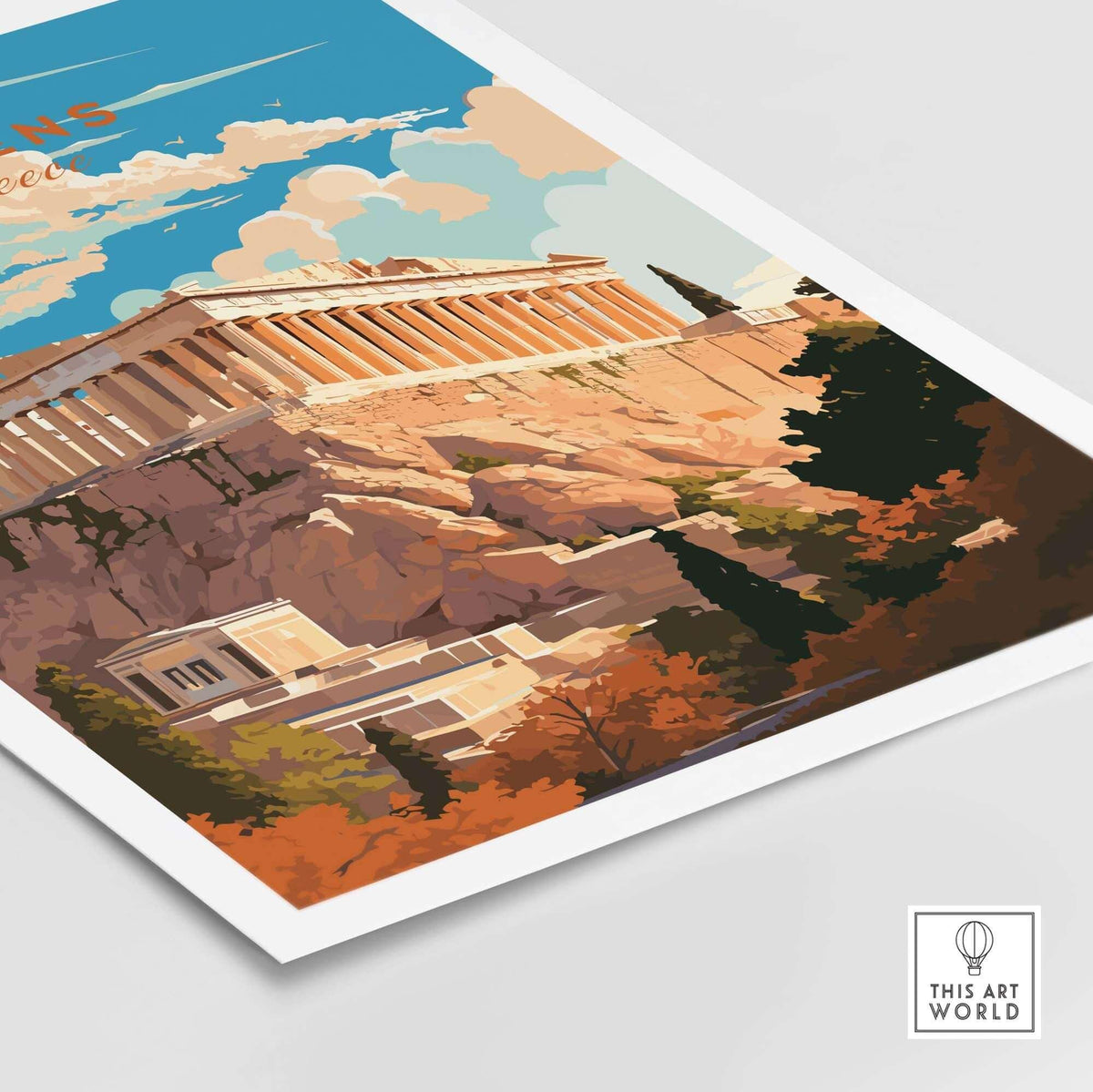 Athens Greece travel poster print showcasing the Acropolis with vibrant colors and artistic design.