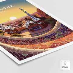 Vibrant Barcelona travel poster print showcasing Gaudí's Park Güell with colorful mosaic tiles and sunset backdrop.