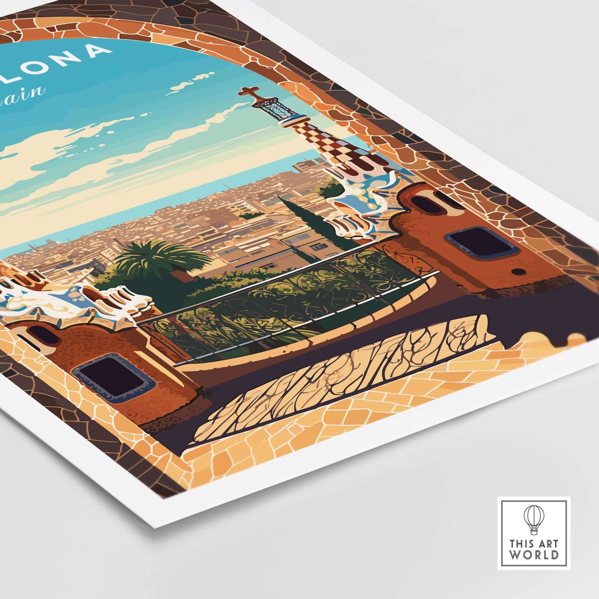 Barcelona poster featuring vibrant Park Güell view with intricate architecture and a scenic landscape of the city.