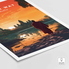 Angkor Wat wall art featuring a monk at sunset over the Cambodian landscape, ideal for home decor and travel memories.