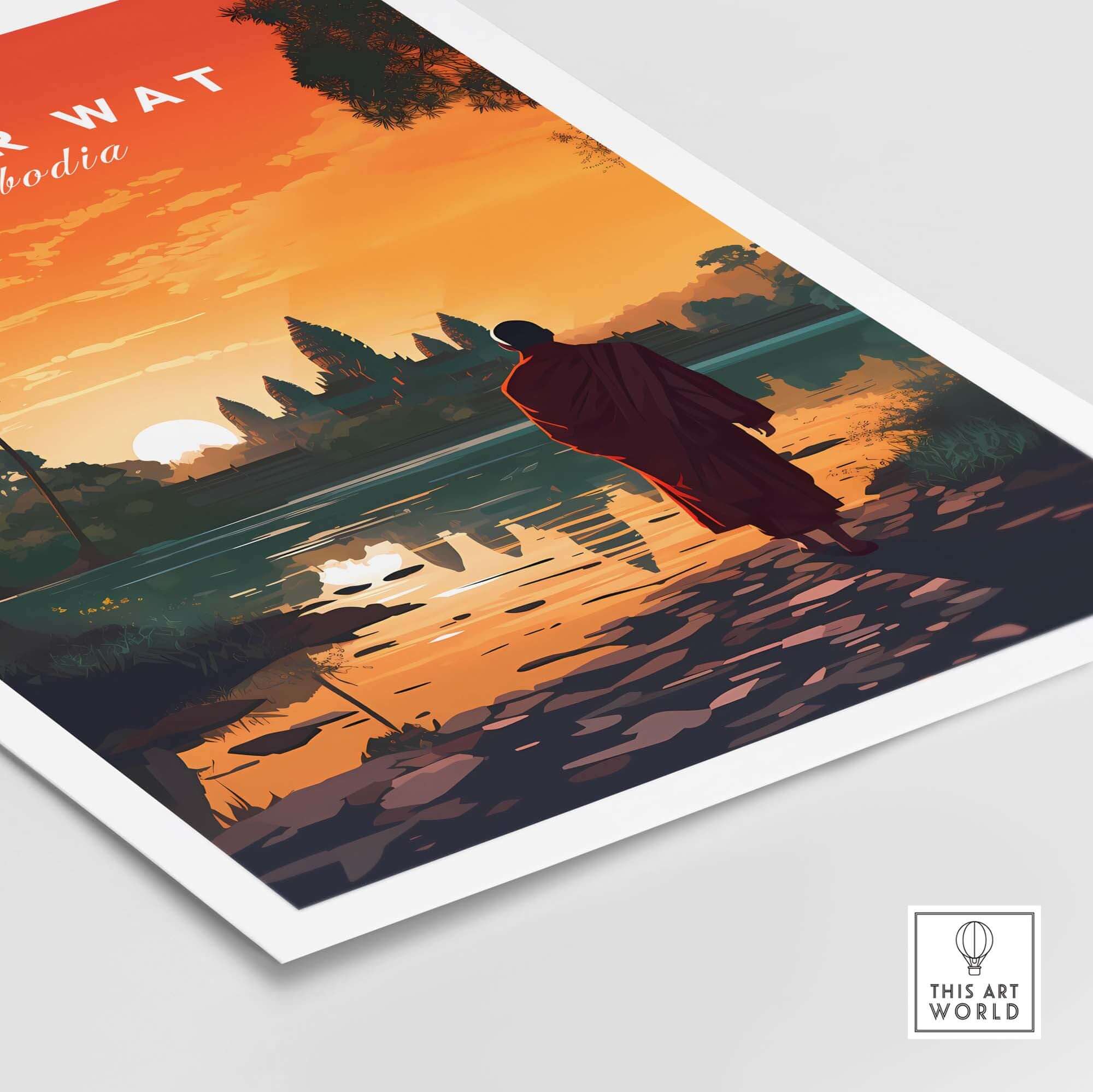 Angkor Wat wall art featuring a monk at sunset over the Cambodian landscape, ideal for home decor and travel memories.