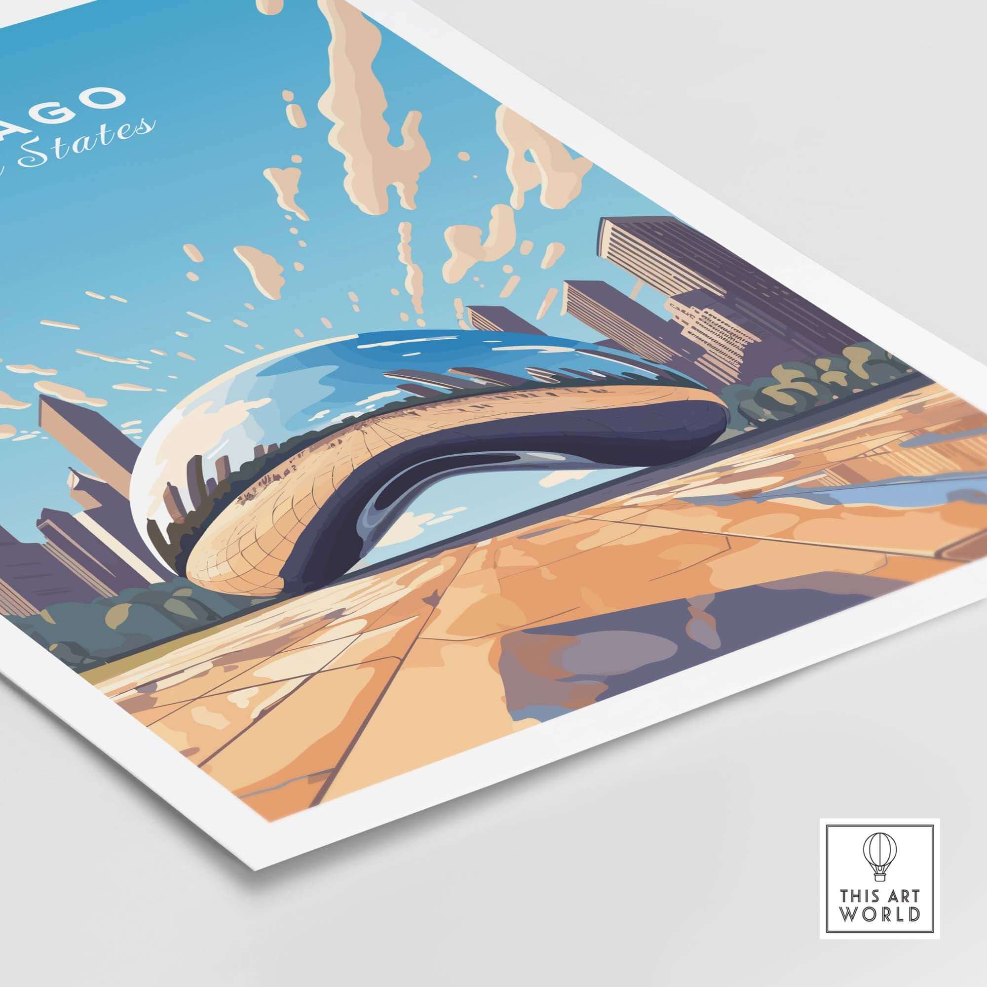 Chicago print featuring The Cloud Gate sculpture, a vibrant symbol of the city skyline and iconic architecture.