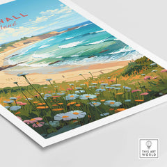 Cornwall art print featuring a scenic beach, waves, and flowers, perfect for adding a coastal vibe to your home.