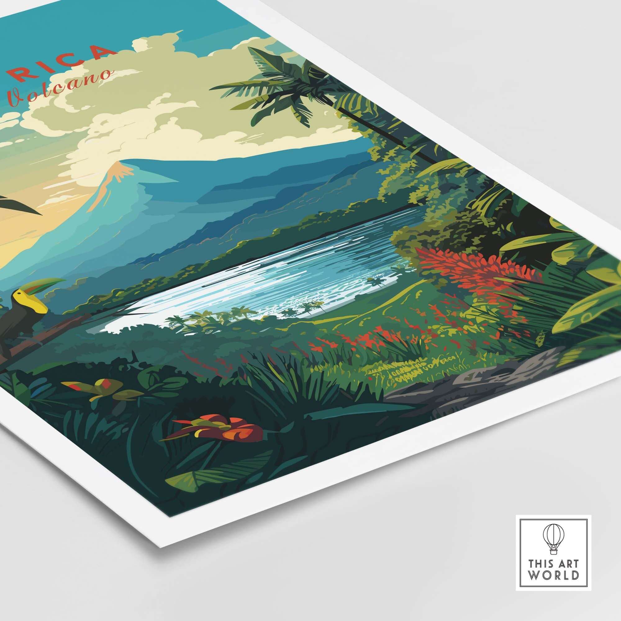 Vibrant Costa Rica print showcasing Arenal Volcano and lush tropical landscapes in vivid colors. Ideal wall art for home decor.