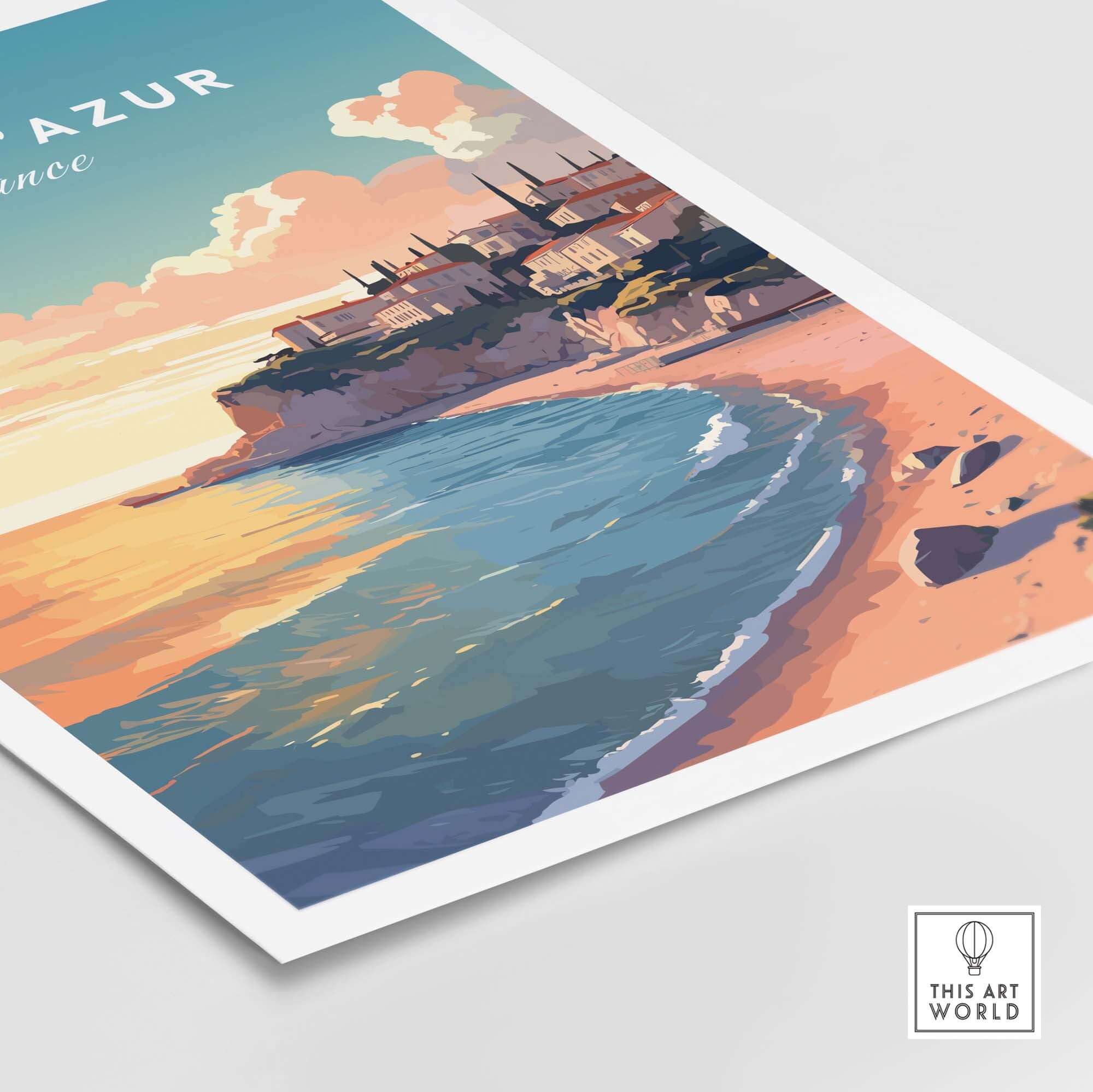 Côte d'Azur travel poster print showcasing vibrant French coast with colorful beach and sky, perfect for wall art decoration.