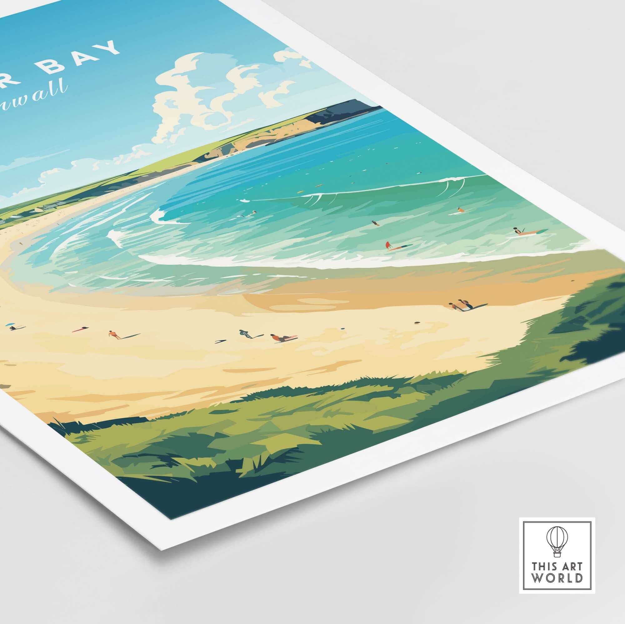 Daymer Bay Cornwall Print showcasing a serene beach landscape, perfect decor for relaxation and travel-inspired interiors.