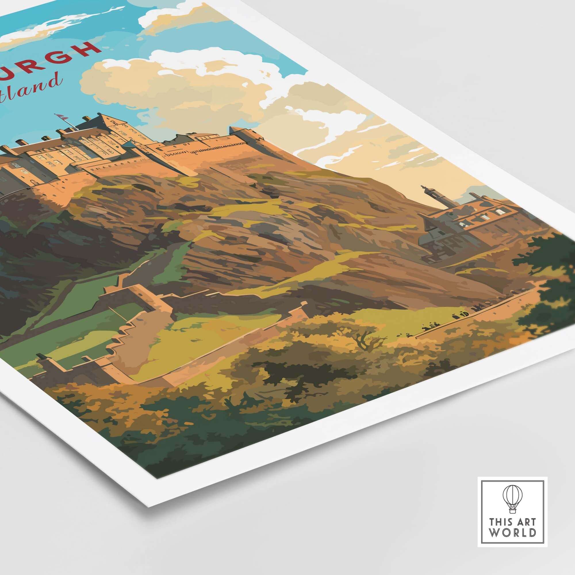 Edinburgh Poster Print showcasing Edinburgh Castle on a hill with scenic skies, perfect wall art for travel lovers.