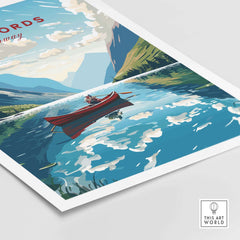 Fjords Wall Art Norway featuring a serene boat on reflective water surrounded by lush green mountains and blue skies.