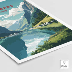 Norway Fjords travel poster showcasing tranquil waters and majestic mountains, perfect for home or office decor.