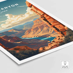 Grand Canyon poster featuring a vibrant landscape of Arizona's rugged beauty with dramatic cliffs and sky. Perfect for home decor.