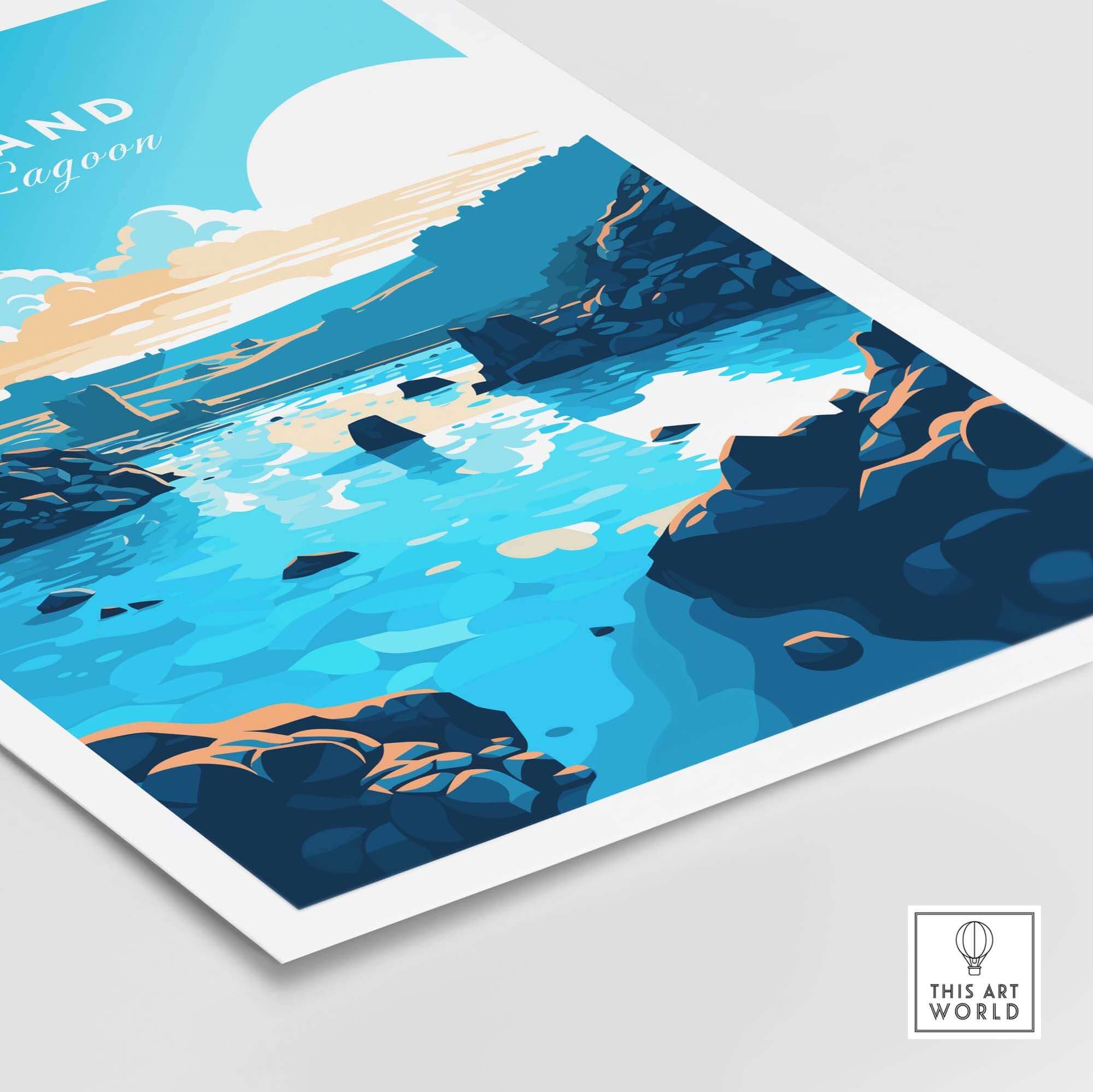 Beautiful Blue Lagoon Iceland poster showcasing vibrant blue waters and rocky landscape, perfect for wall art decor.
