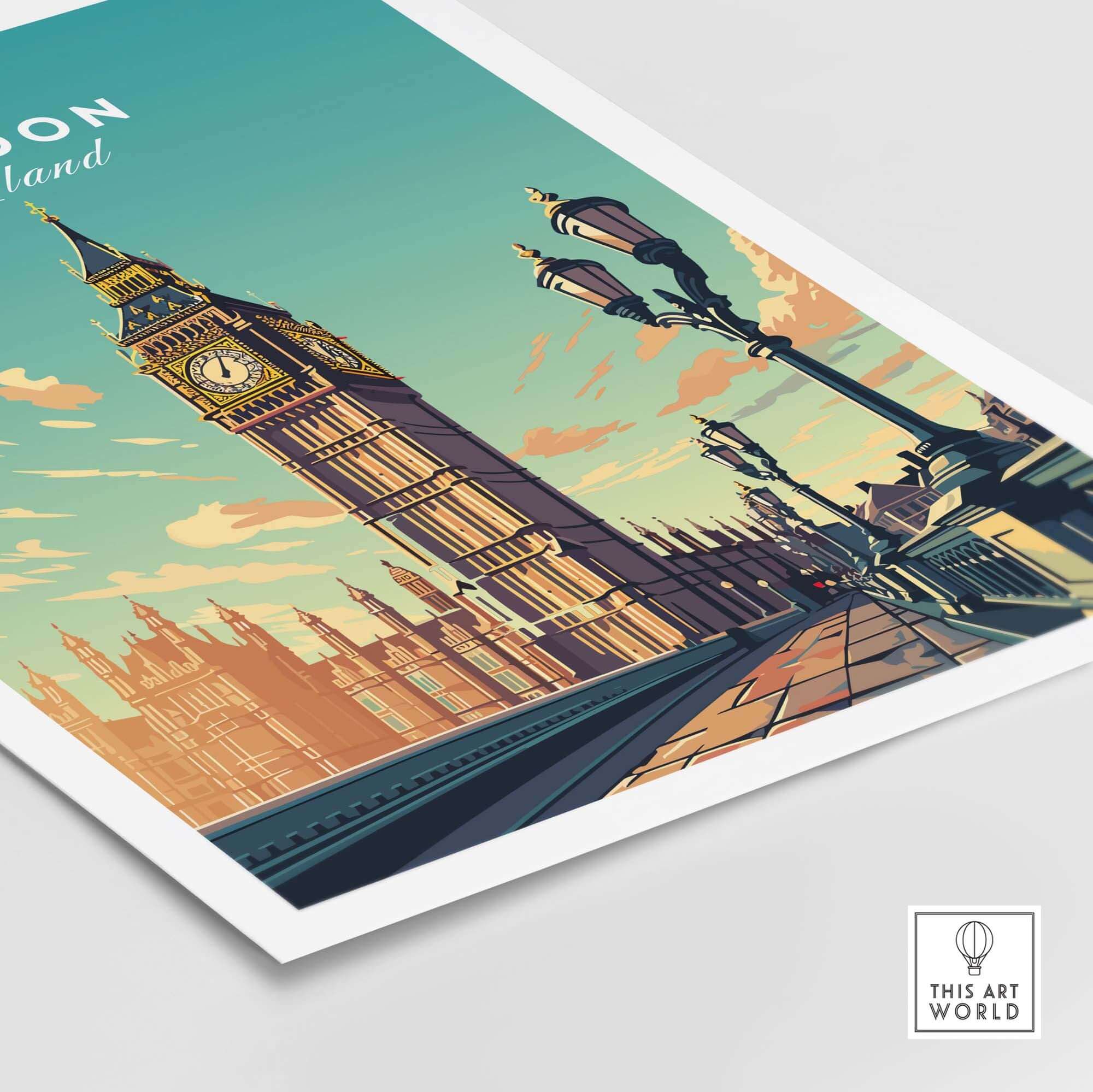 London poster featuring Big Ben with vibrant colors, perfect for home decor and England art lovers.