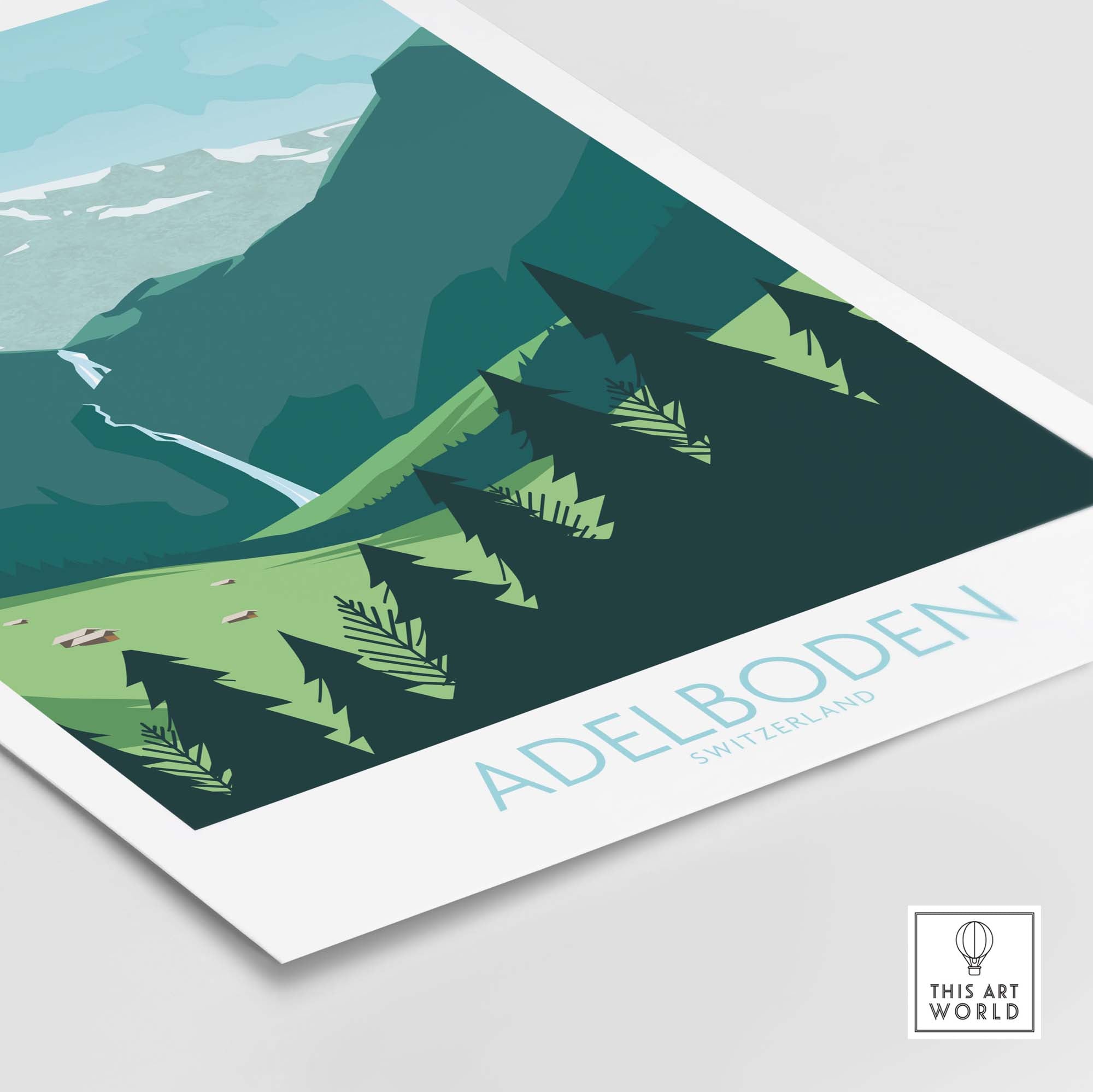 Adelboden Switzerland wall art print featuring mountains and greenery, perfect for home decor and travel enthusiasts.