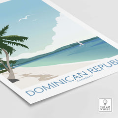 Dominican Republic wall art print featuring a vibrant Caribbean beach scene with palm trees and ocean.