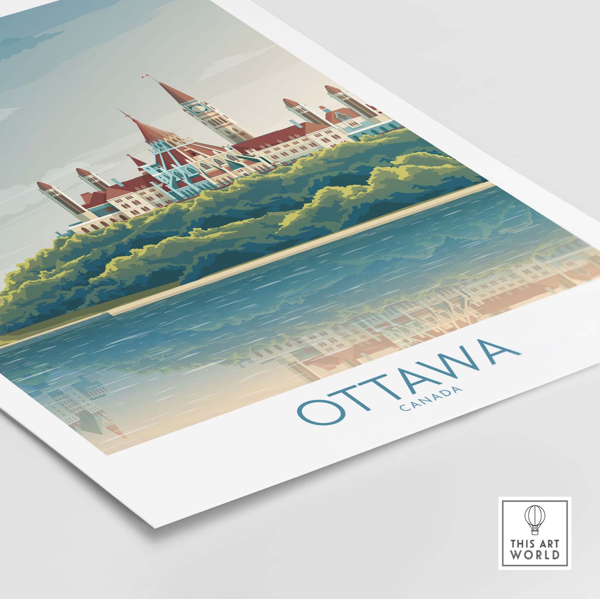 Ottawa wall art print featuring a stylized illustration of the Parliament Buildings and the Ottawa River.