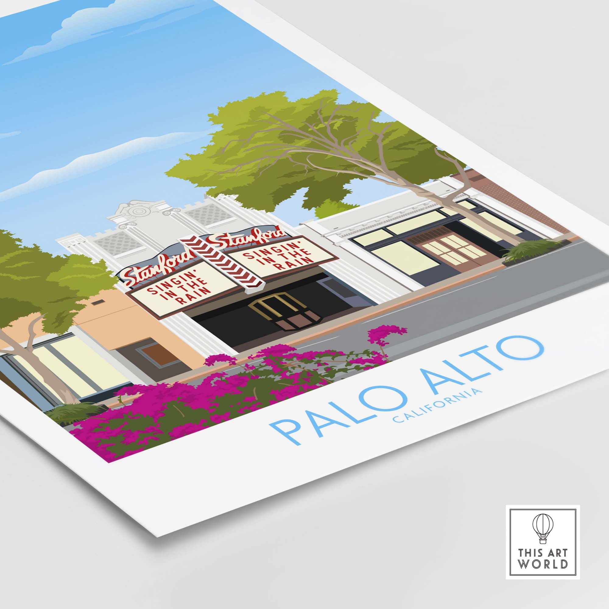 Palo Alto wall art print featuring the iconic Stanford Theatre and California landscape.