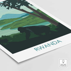 Rwanda Mountain Gorilla wall art print showcasing silhouette against vibrant landscape, perfect for wildlife home decor.