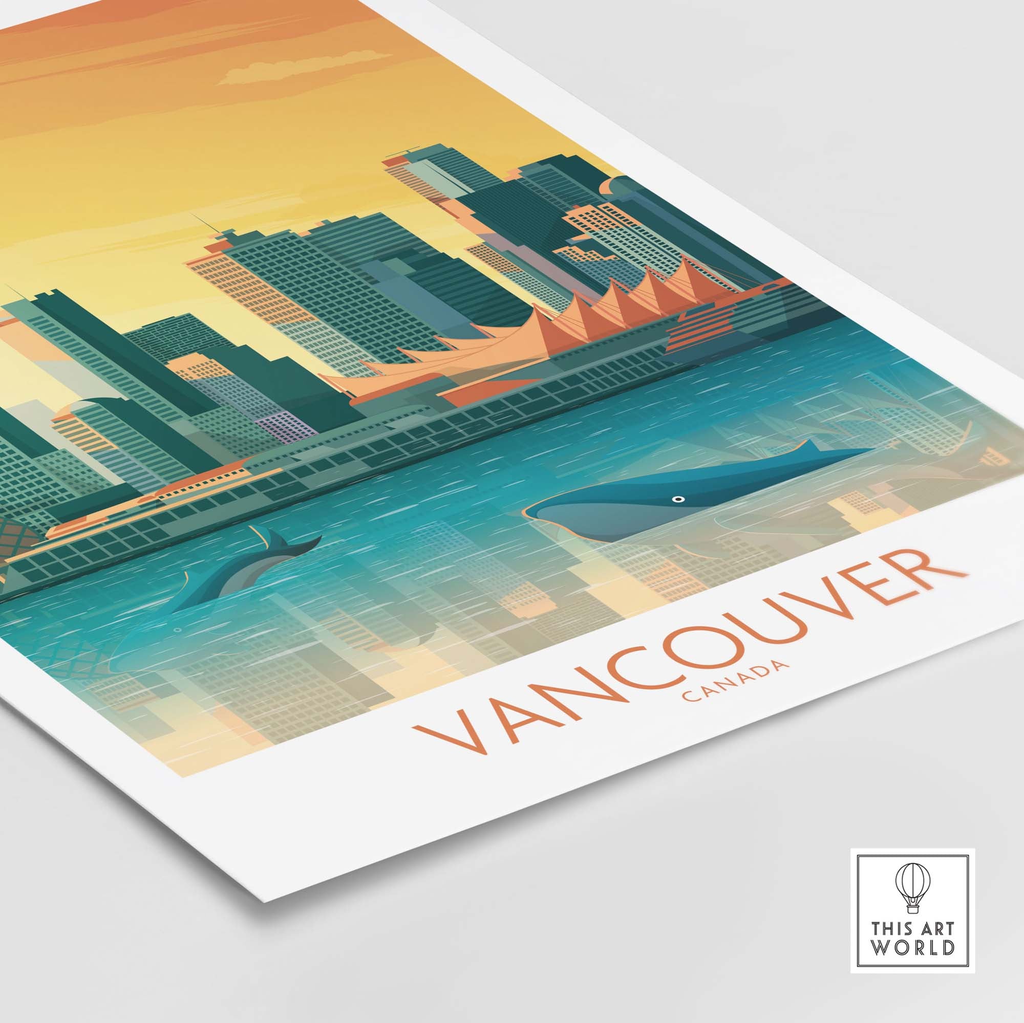 Vancouver wall art print showcasing the skyline and ocean with playful whales, perfect for nature-inspired decor.