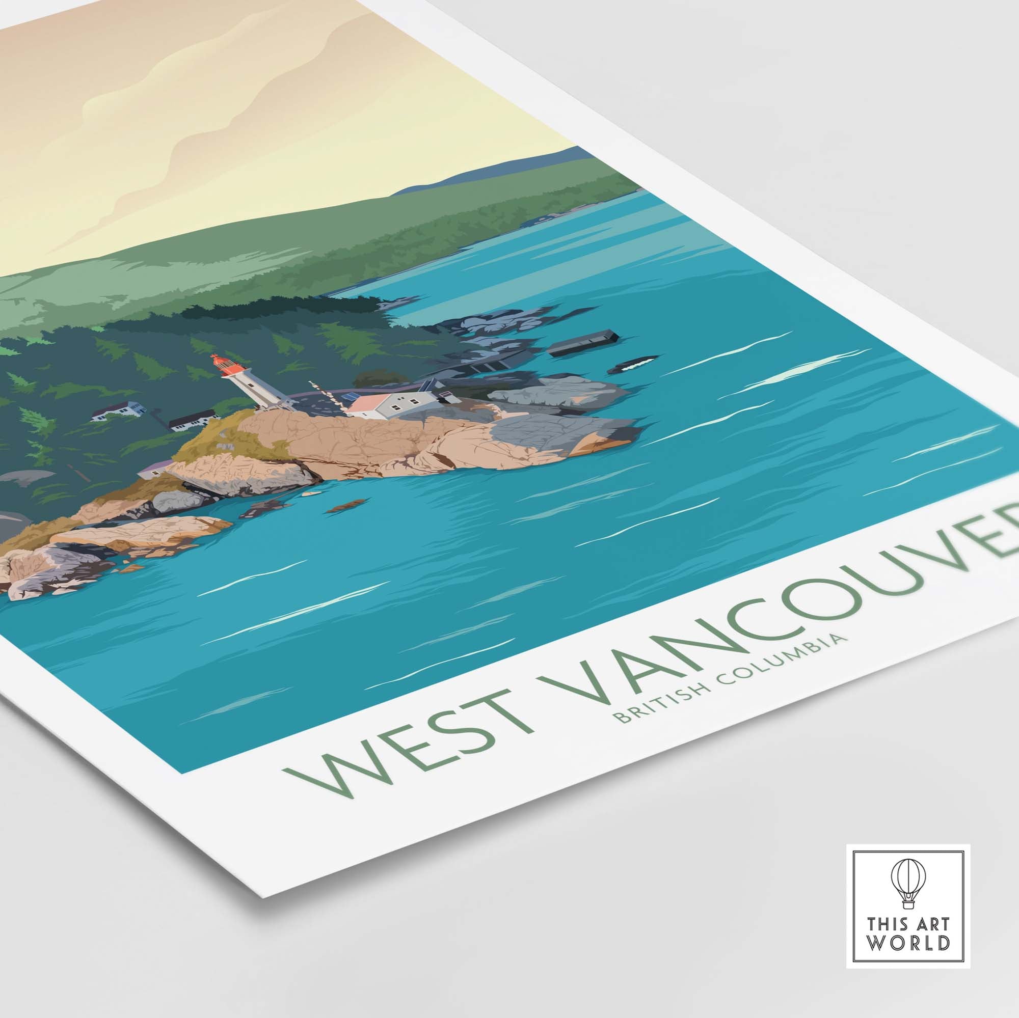 West Vancouver wall art print featuring a lighthouse and British Columbia's scenic nature backdrop.