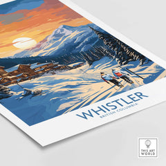 Whistler Print poster featuring skiers in snowy landscape with mountains, perfect for home decor or gifts.