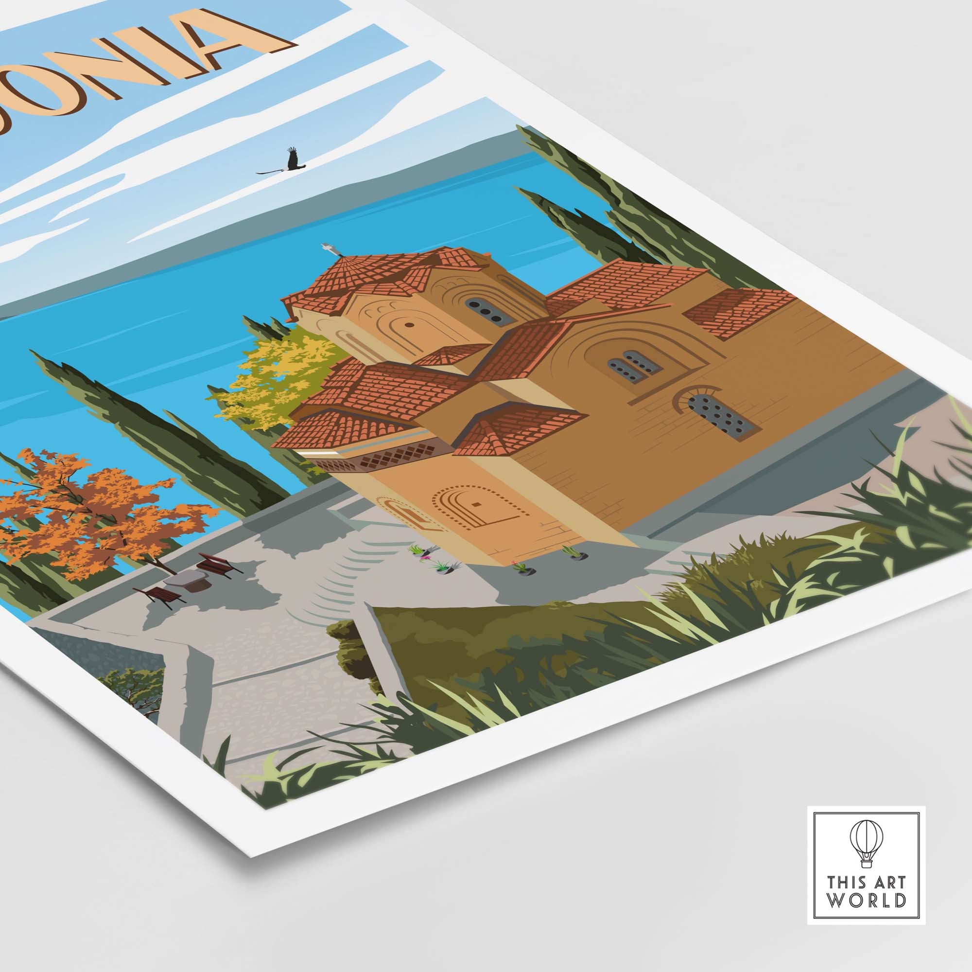 Vibrant Macedonia travel poster print featuring scenic architecture and nature, perfect for wall decor.