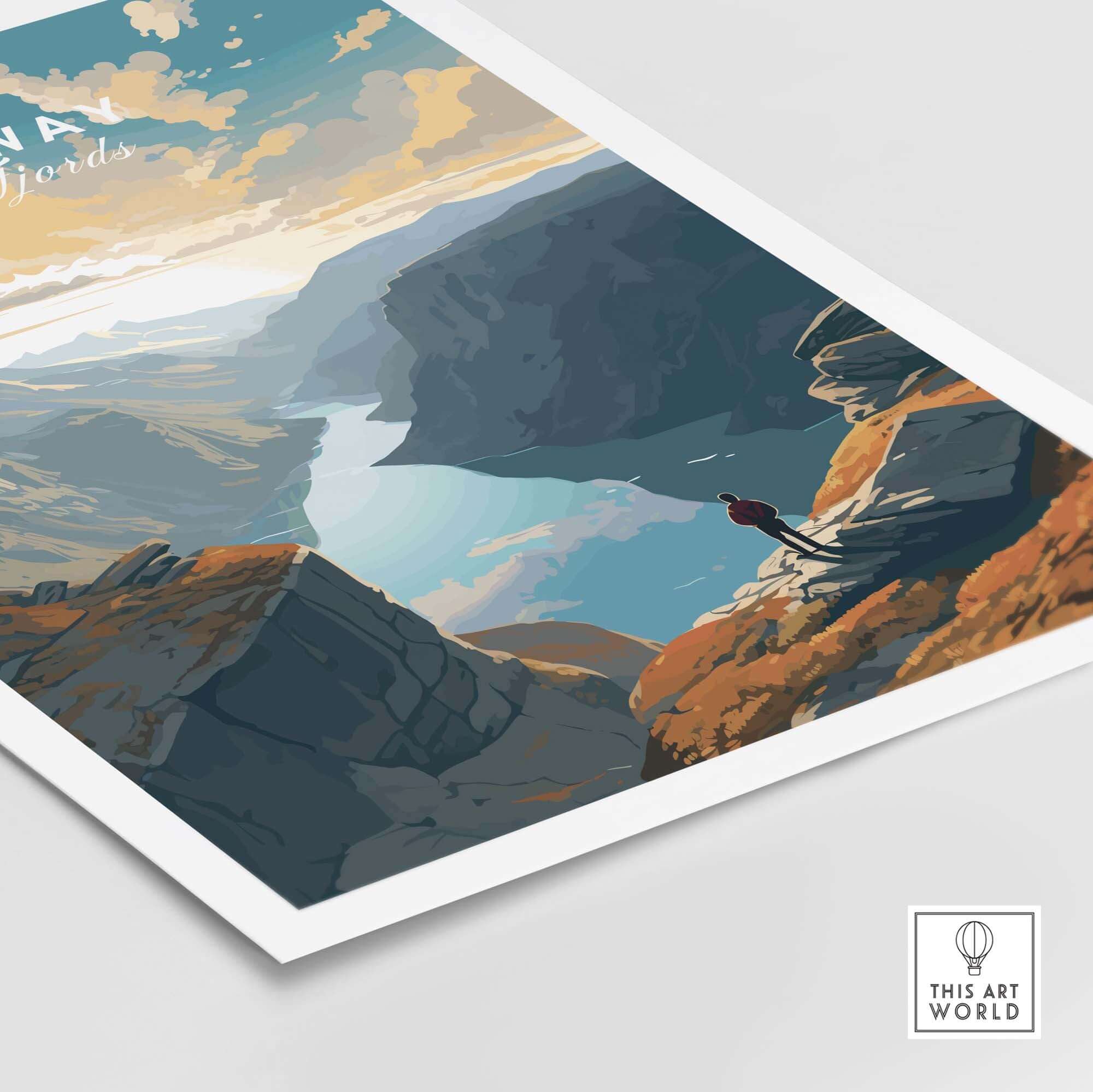 Fjord Wall Art Print showcasing breathtaking Norwegian fjord scenery with a hiker overlooking majestic cliffs and waters.