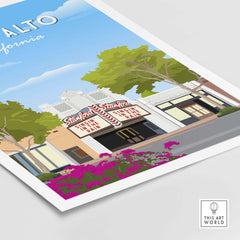 Palo Alto California travel poster print featuring the iconic Stanford Theatre and vibrant floral details.