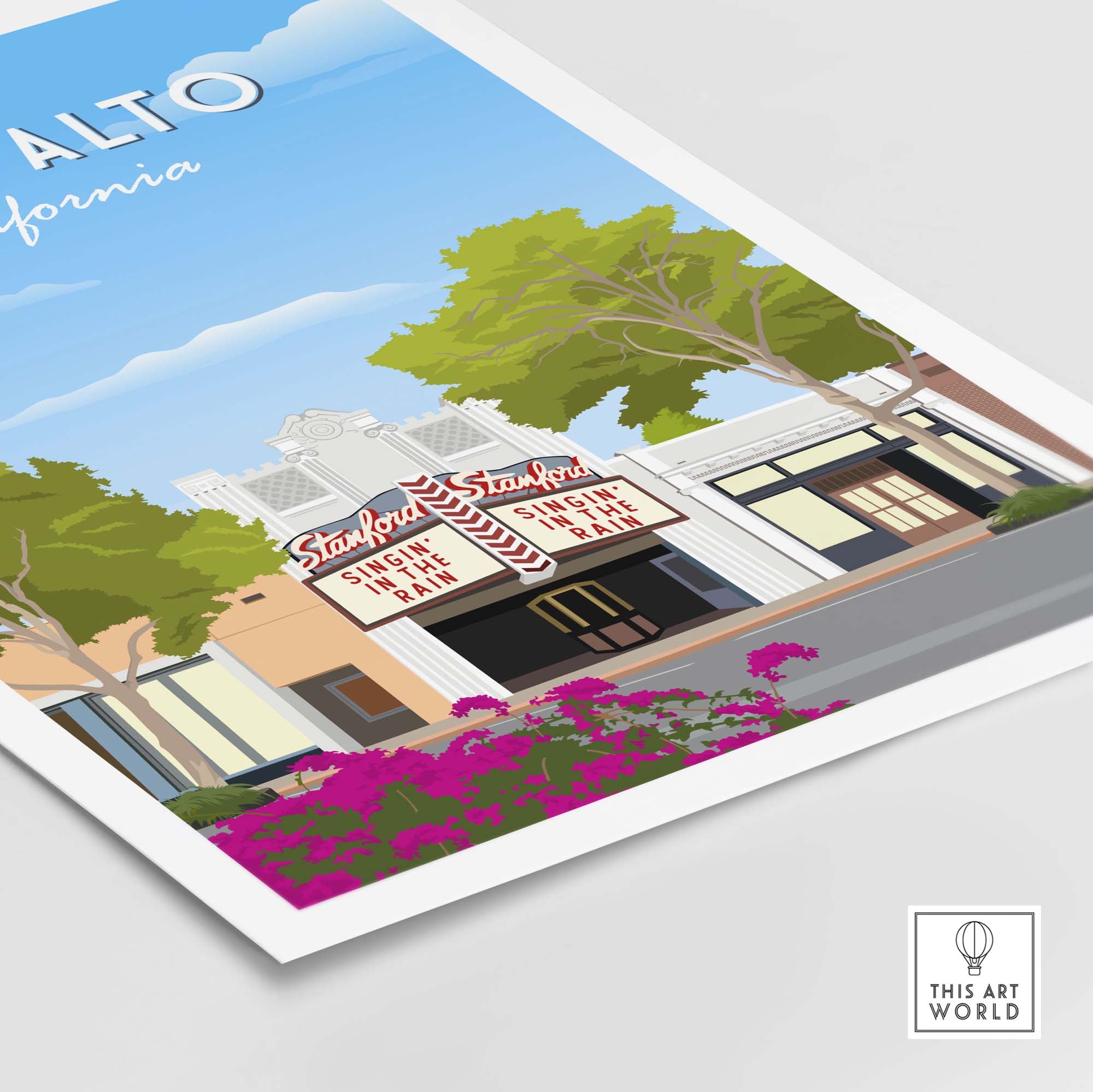 Palo Alto California travel poster print featuring the iconic Stanford Theatre and vibrant floral details.