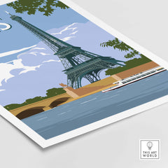 Eiffel Tower travel poster print featuring the Seine River and a boat, perfect for Parisian-themed decor.