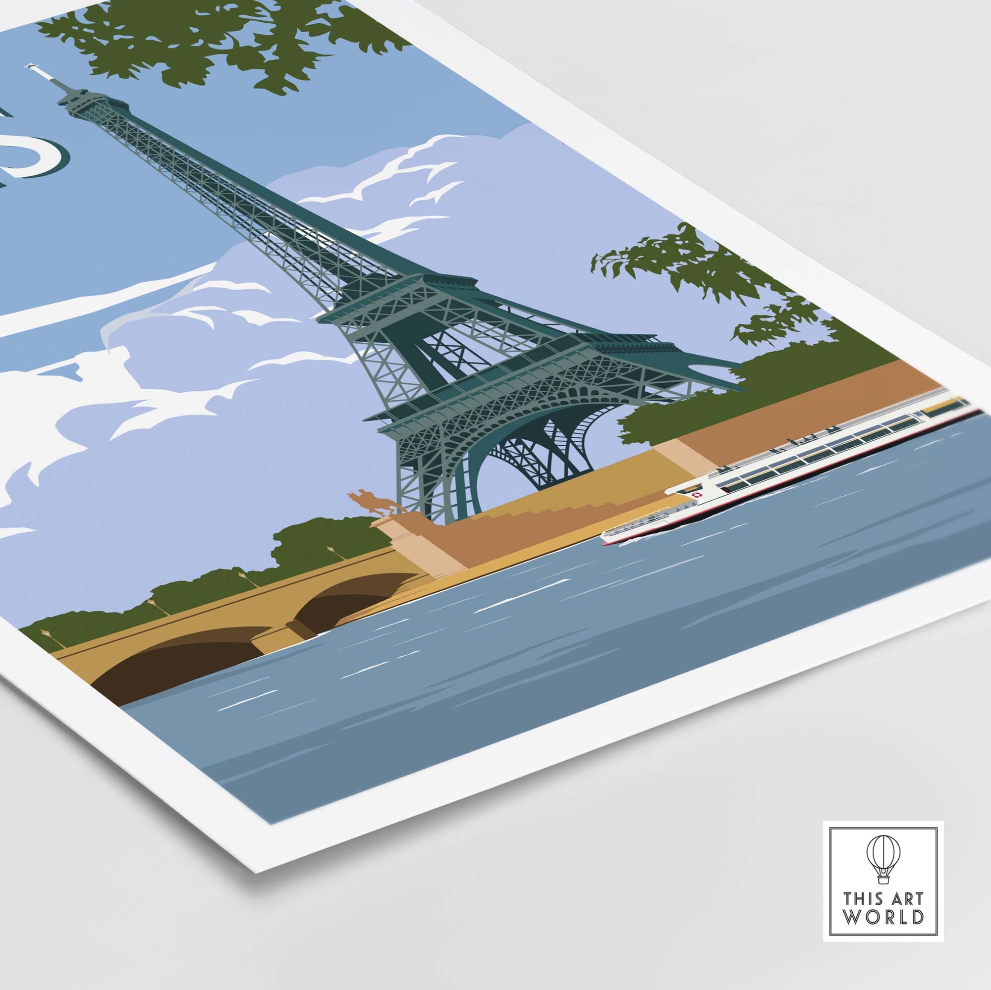 Eiffel Tower travel poster print featuring the Seine River and a boat, perfect for Parisian-themed decor.