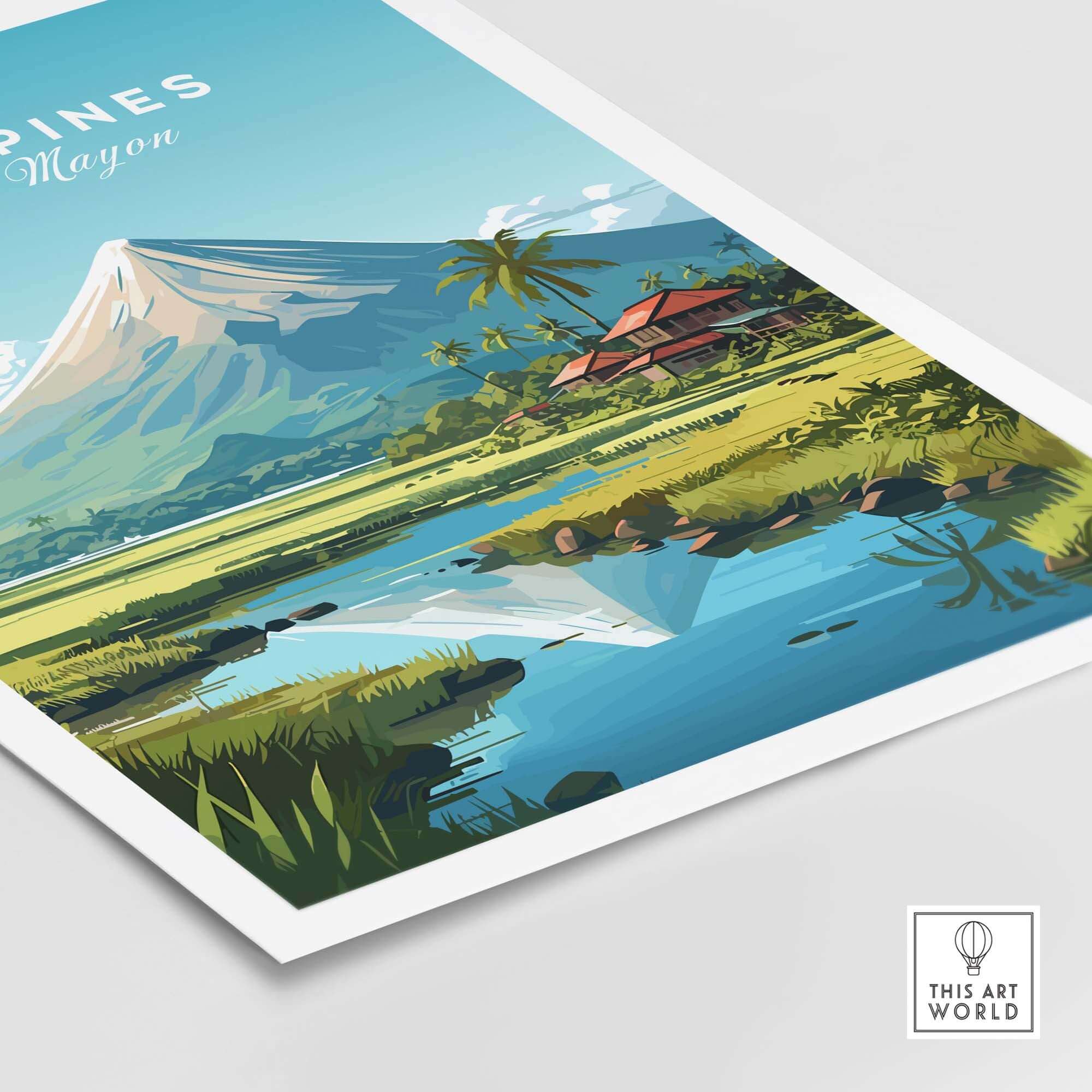 Philippines travel poster featuring Mount Mayon with lush landscapes and serene reflections in water.
