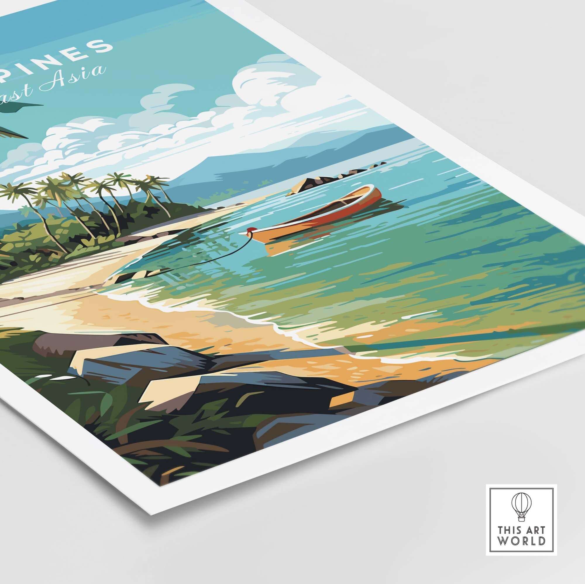 Vibrant Philippines art print featuring a beach scene with palm trees and a boat, perfect for tropical decor.