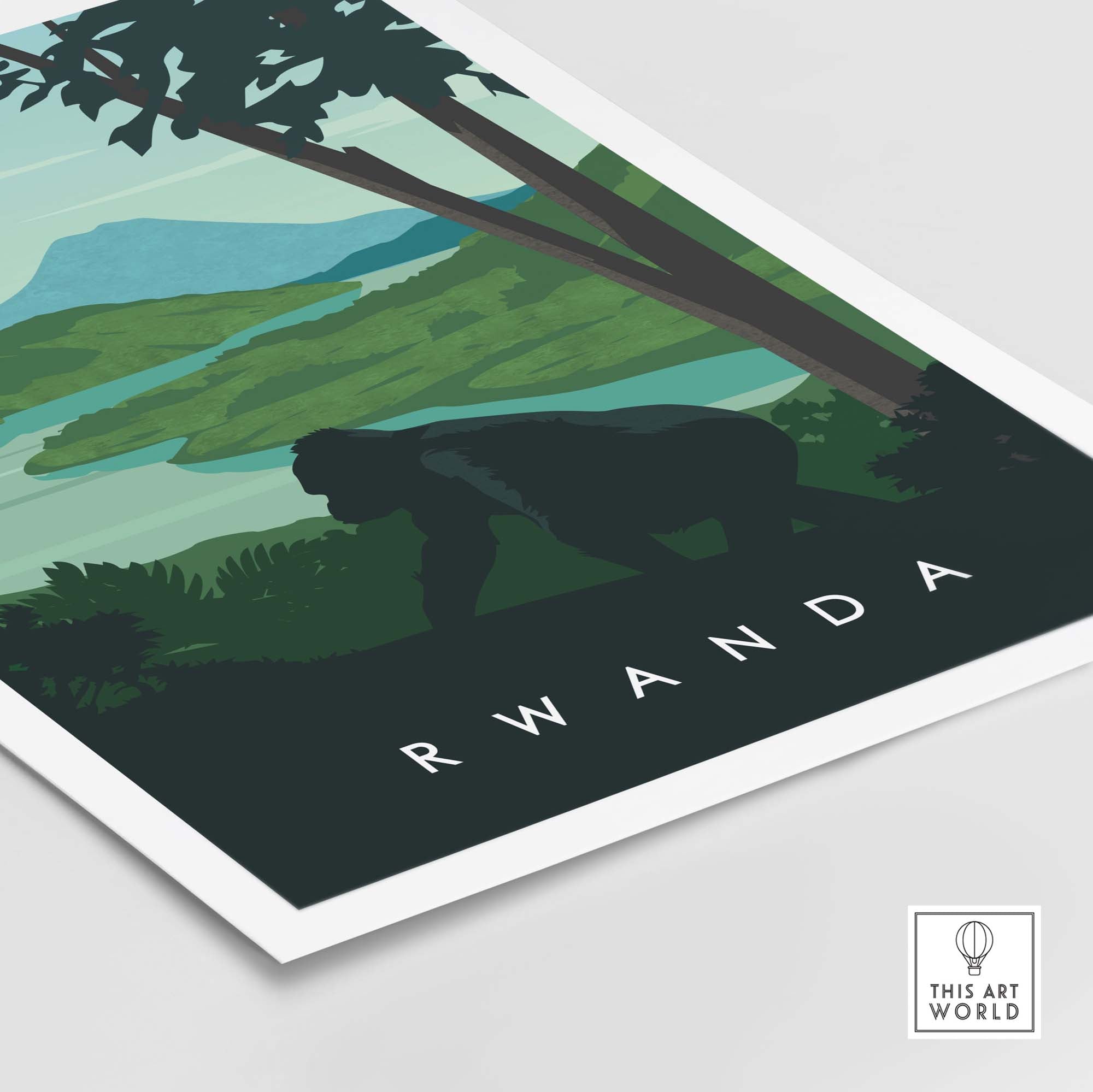 Rwanda travel poster print featuring mountain gorilla and lush landscape, perfect for safari-themed decor.