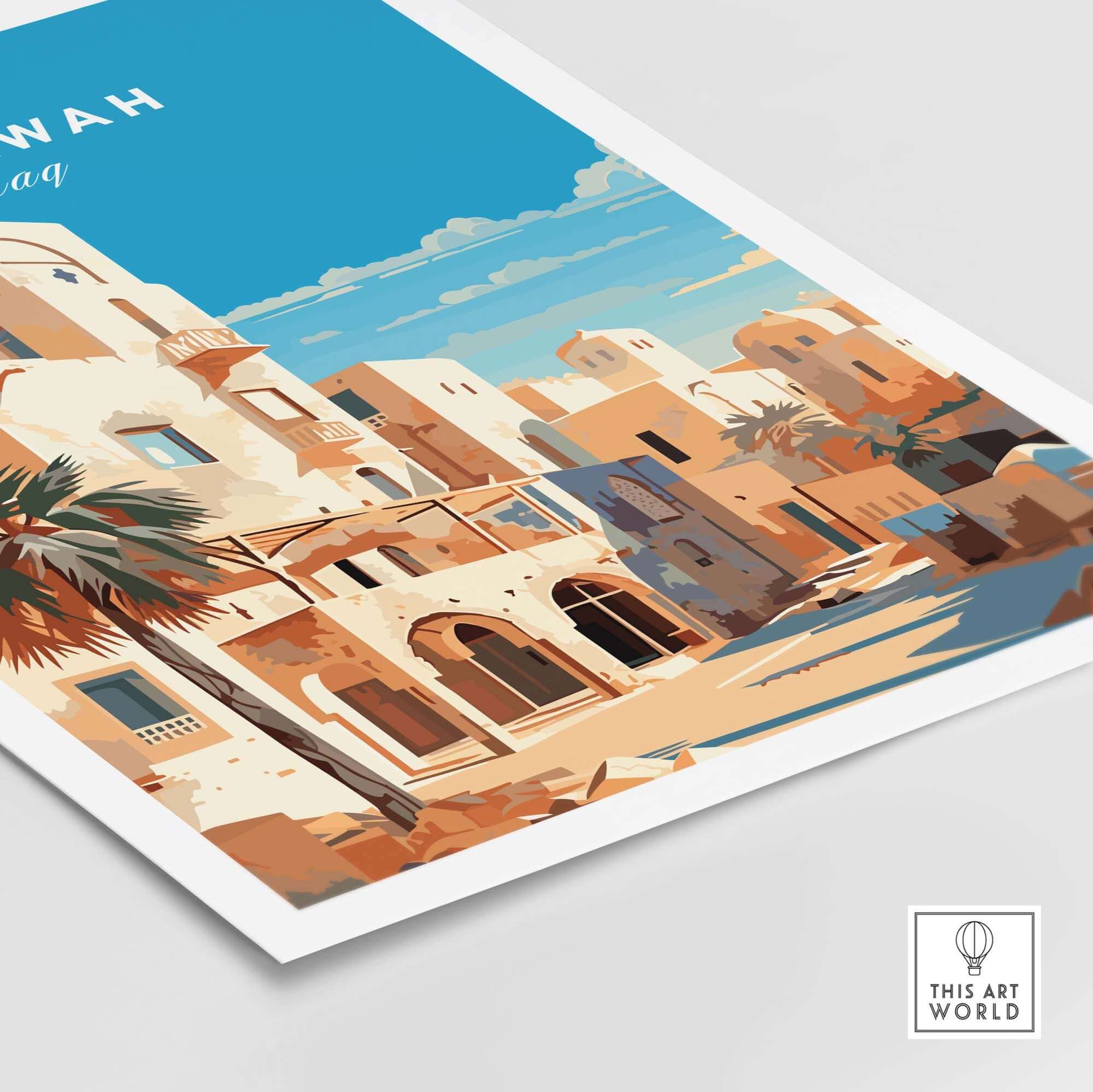Colorful Samawah Iraq travel poster print featuring Middle Eastern architecture and palm trees, perfect for wall decor.