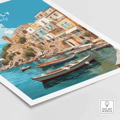 Sicily Wall Art Print featuring boats in a serene harbor with coastal buildings, perfect for adding Italian charm to walls.