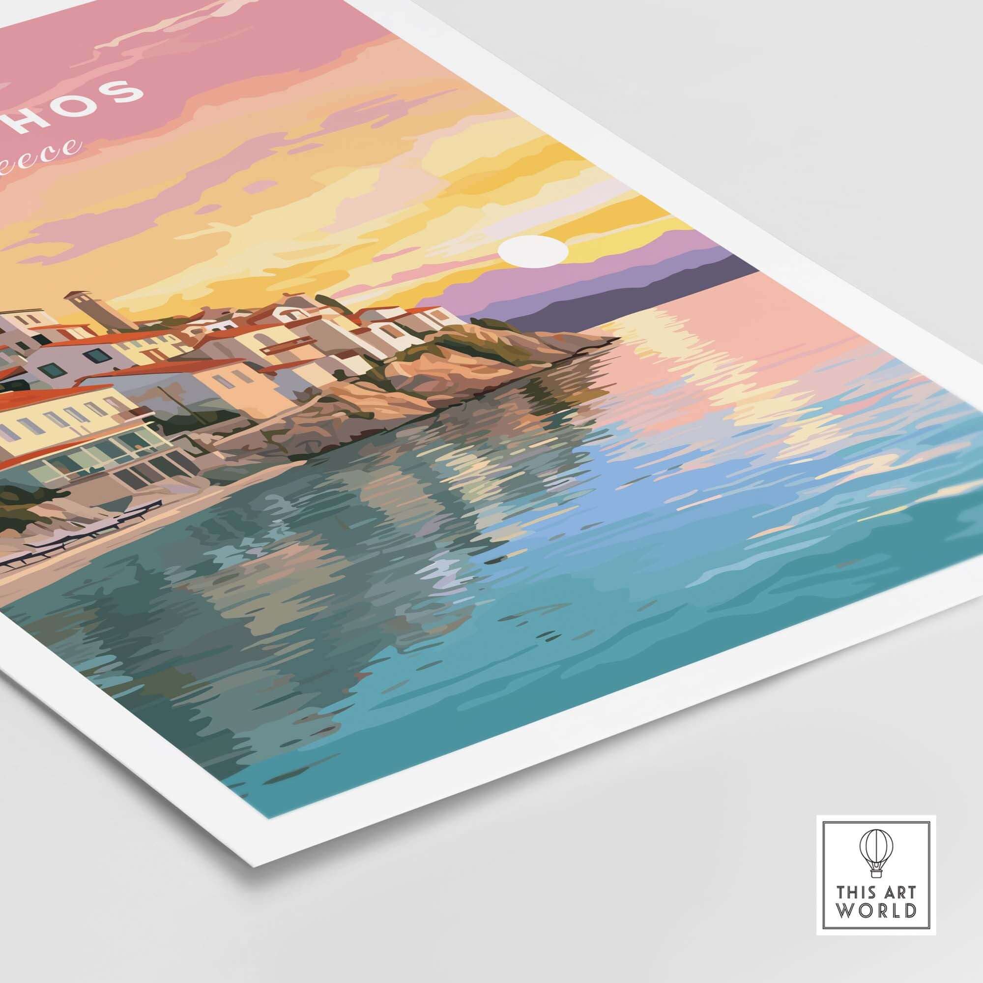 Skiathos Greece travel poster print featuring a sunset over coastal town and vibrant water reflection.