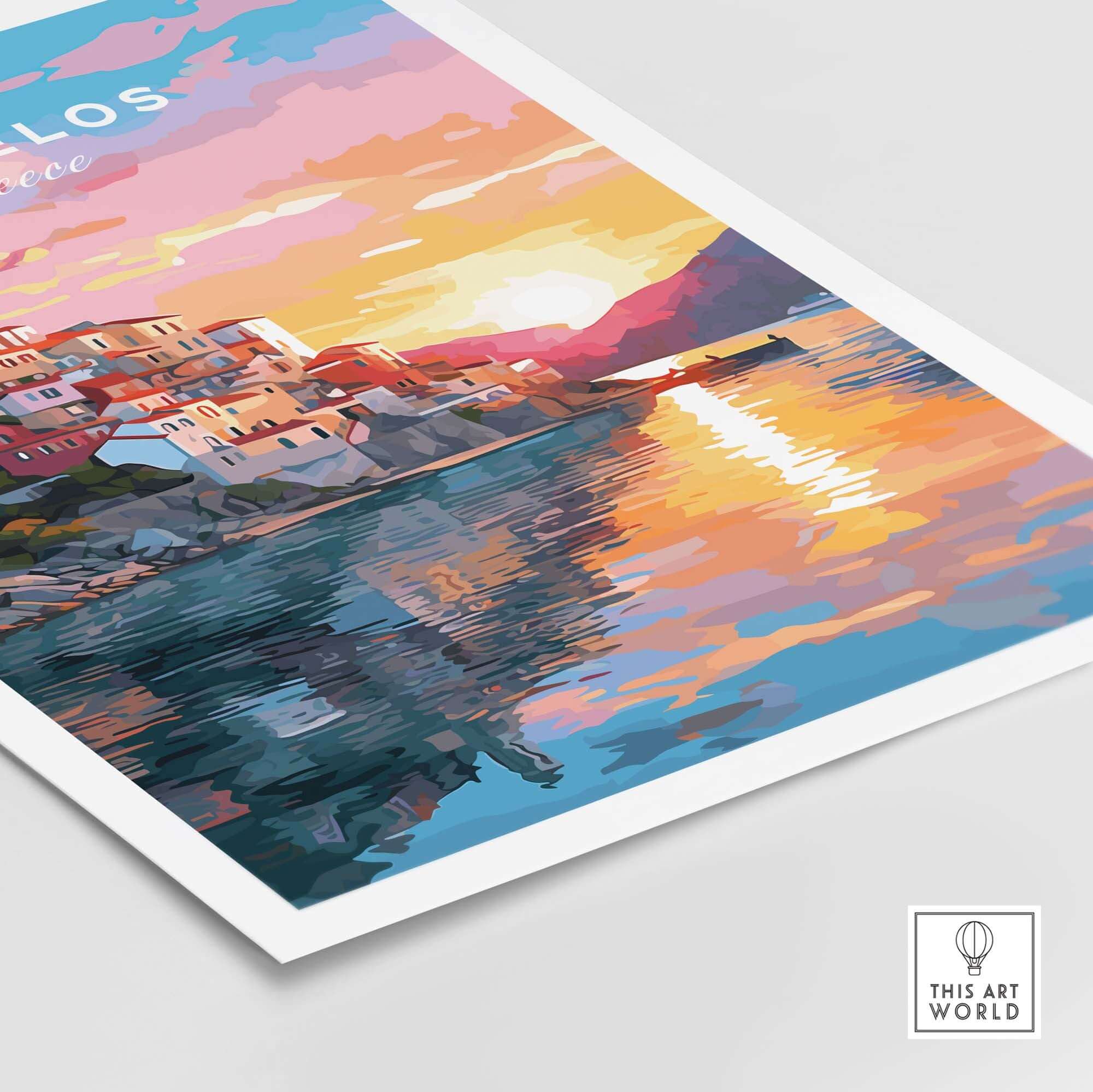 Skopelos Greece travel poster print showcasing colorful houses and sunset reflections on water.