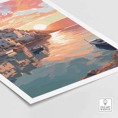 Vibrant Skyros Greece travel poster print featuring colorful sunset and serene waters.