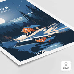 Sweden art print featuring a snowy landscape, cozy cabins, and Scandinavian style design elements.